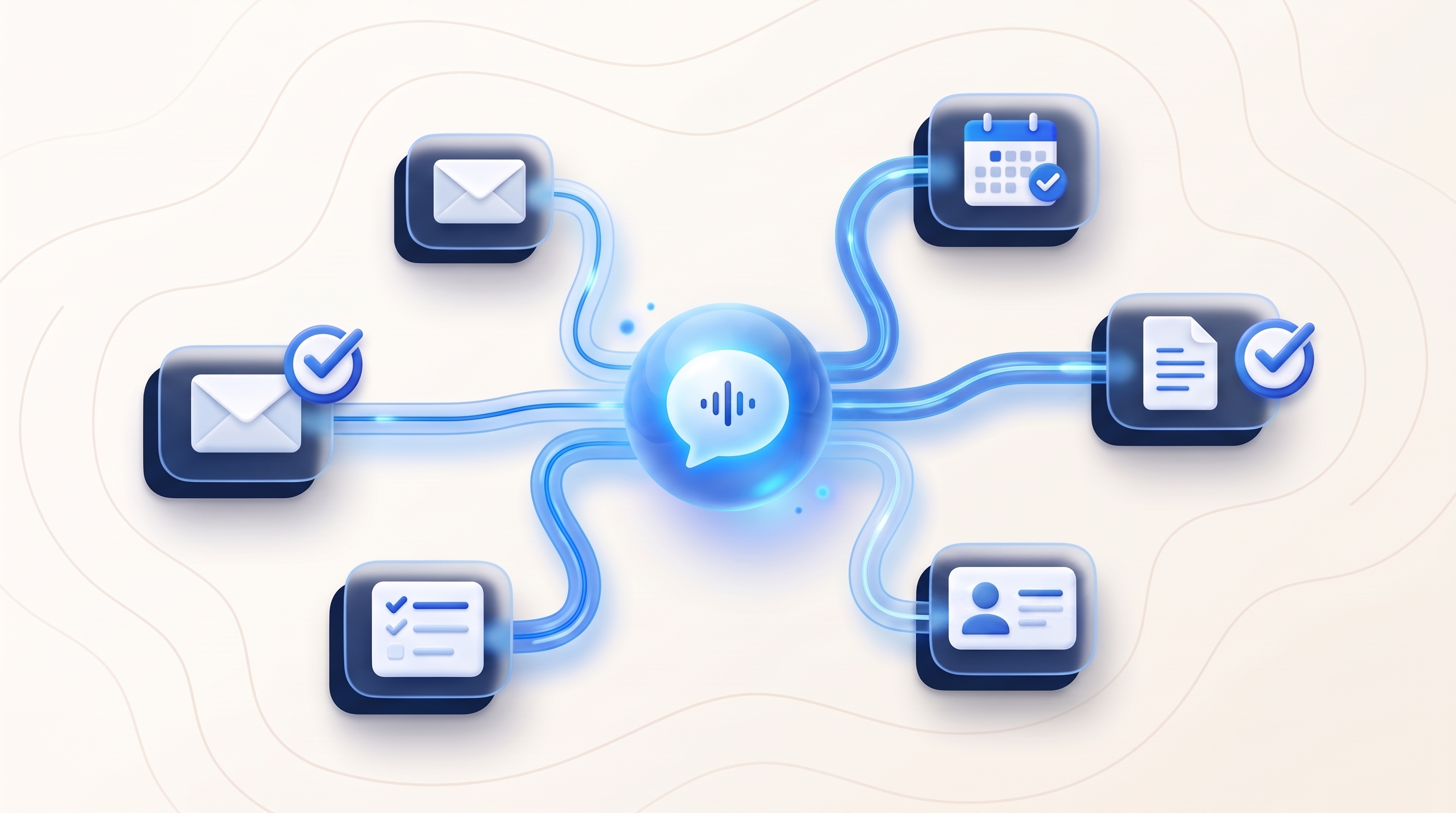 Illustration of a voice-enabled AI assistant completing email, calendar, document, task, and contact workflows.