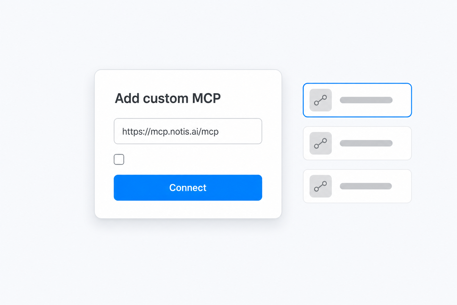 A settings modal titled Add custom MCP with the Notis MCP address in the URL field and a blue Connect button