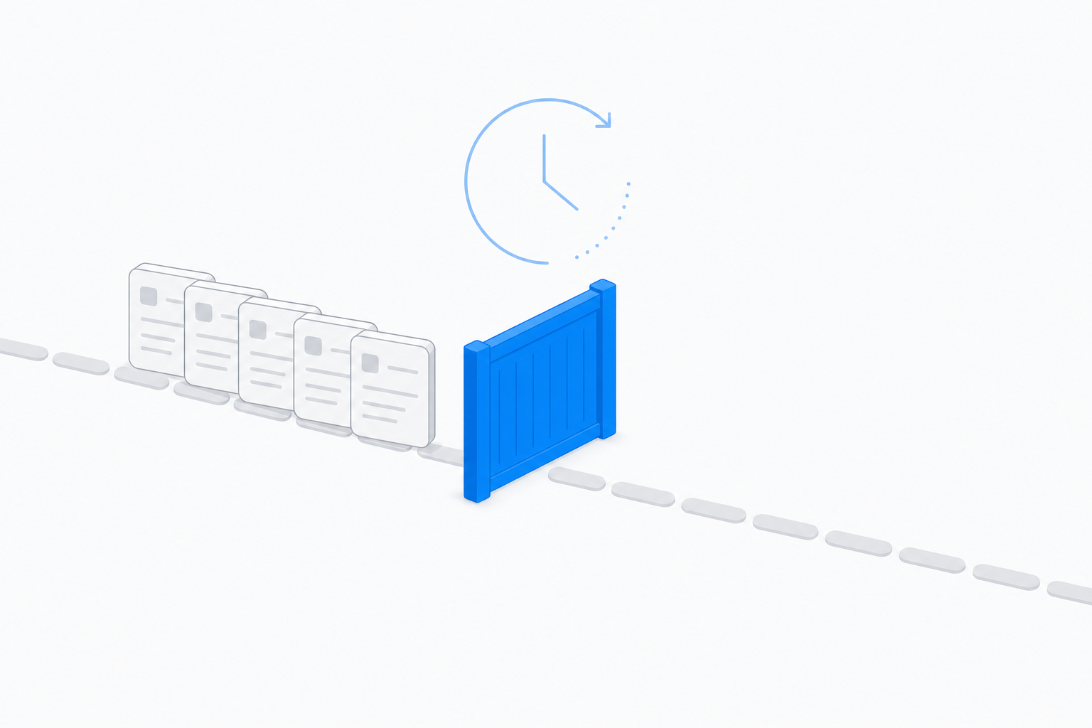 Grey task cards queued behind a blue barrier on a dashed timeline, under a light blue clock arc resetting