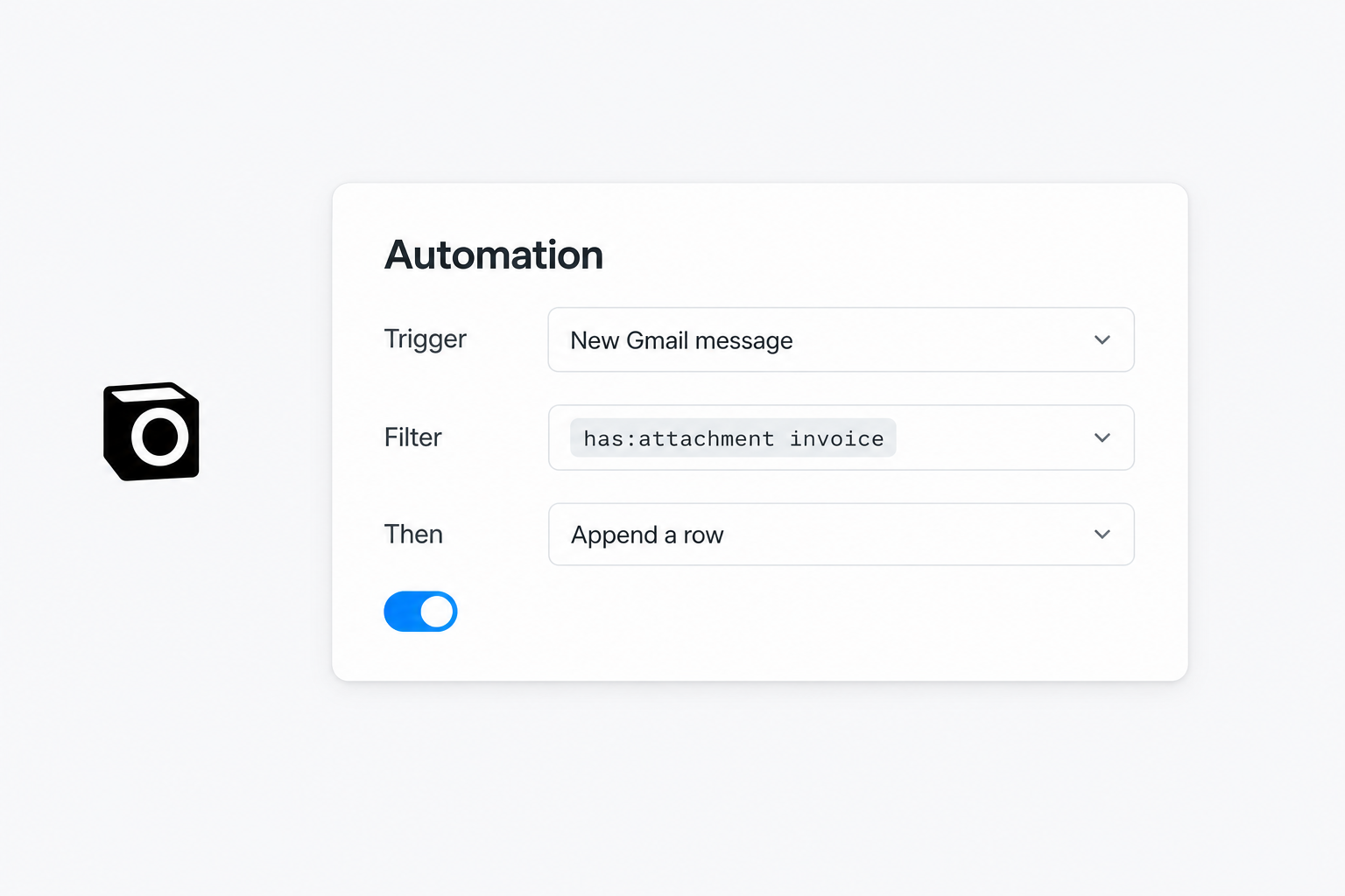 A settings card titled Automation with Trigger set to New Gmail message, Filter set to has:attachment invoice, Then set to Append a row, and a blue toggle switched on