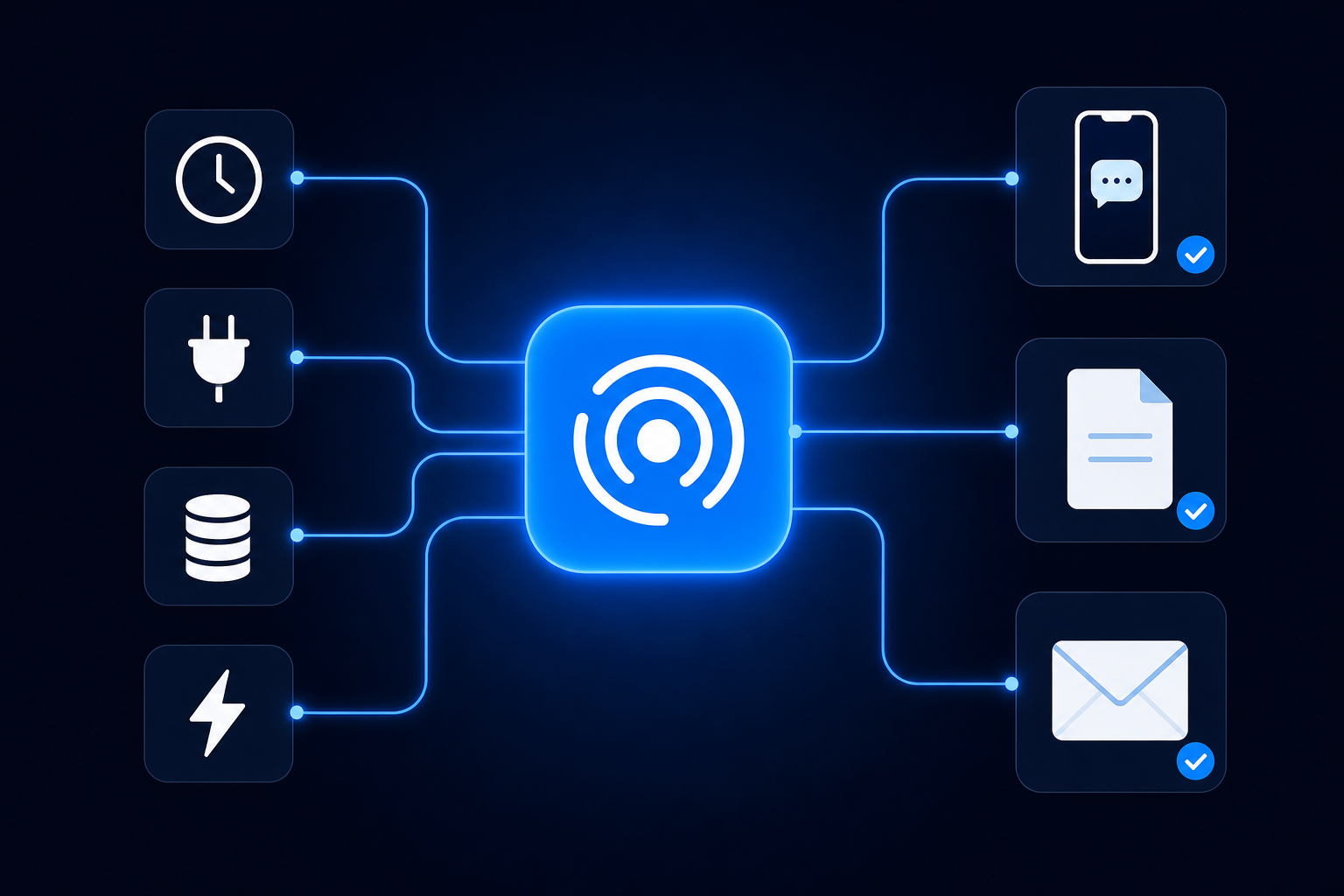 Dark navy architecture diagram: four trigger tiles on the left with a clock, a plug, a database and a lightning bolt icon, thin glowing blue lines feeding a central blue agent node with concentric arcs, and three destination cards on the right — a phone with a chat bubble, a document page and an envelope — each marked with a blue check.