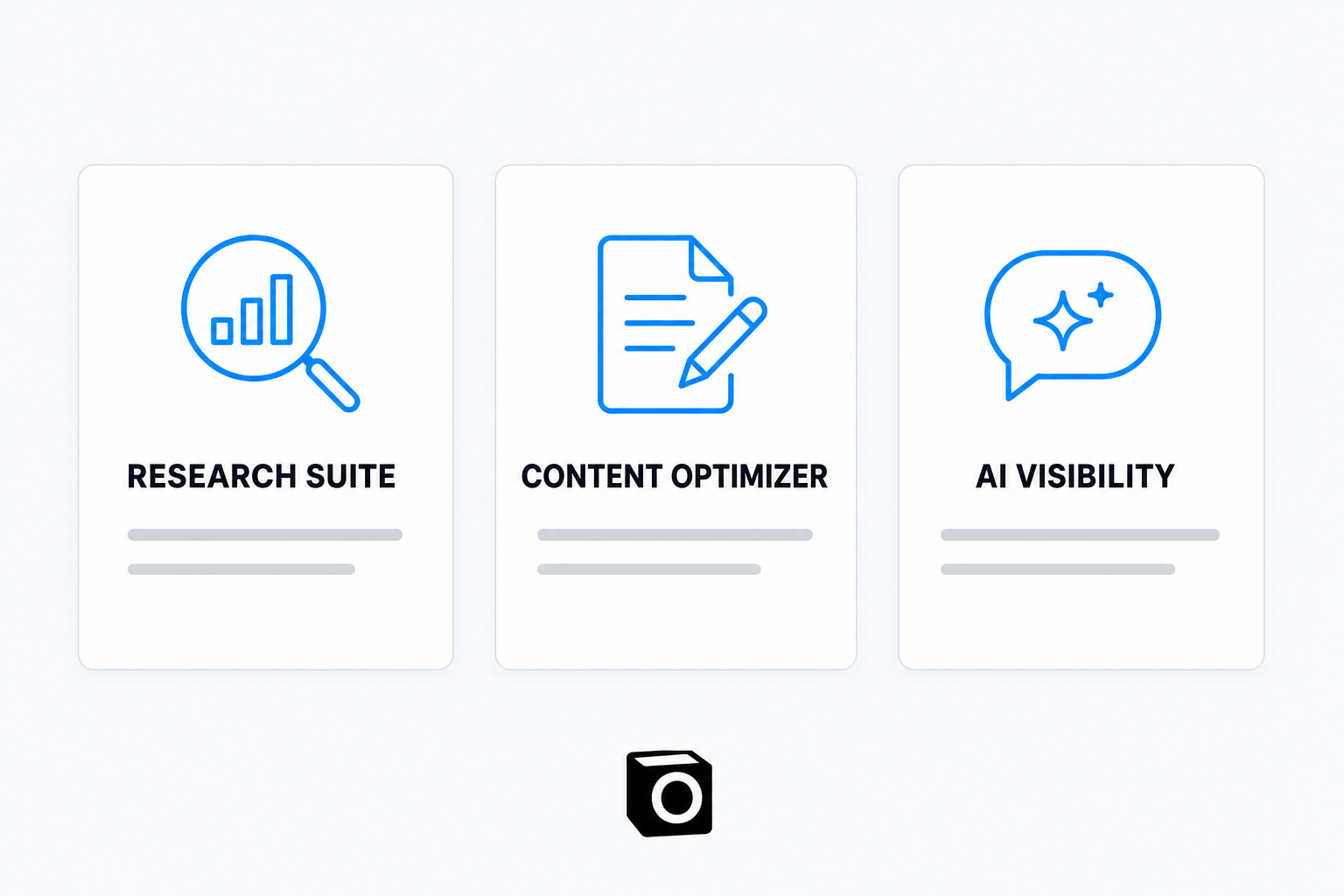 Three white cards on a light background with blue line icons, labelled RESEARCH SUITE with a magnifying glass over a bar chart, CONTENT OPTIMIZER with a document and pencil, and AI VISIBILITY with a chat bubble and sparkle, the Notis mark beneath them