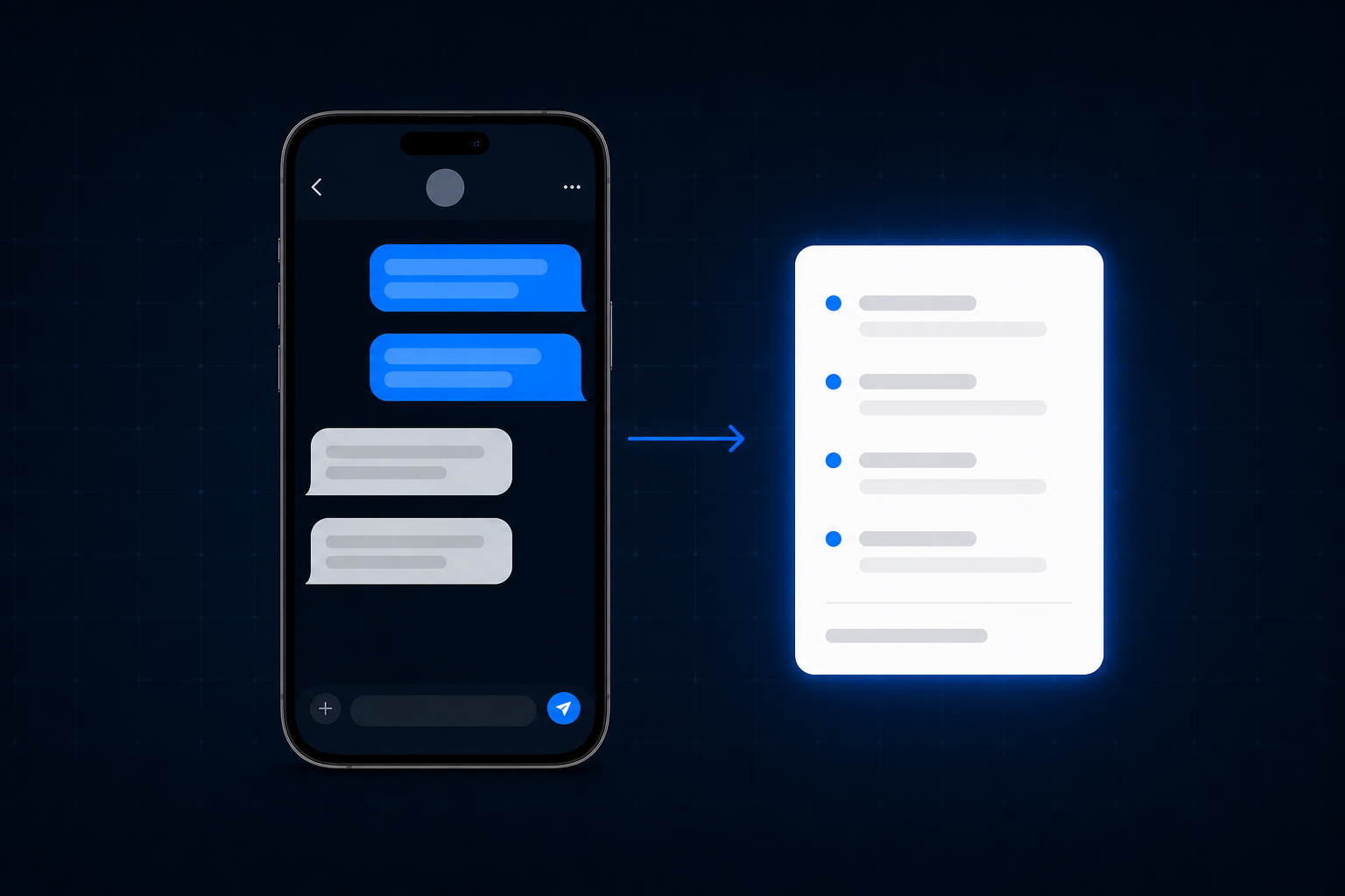 A smartphone on a dark navy background showing a chat thread with two blue outgoing bubbles and two grey incoming bubbles, a thin blue arrow pointing right to a glowing white itemised receipt card with four bulleted line items and a total row