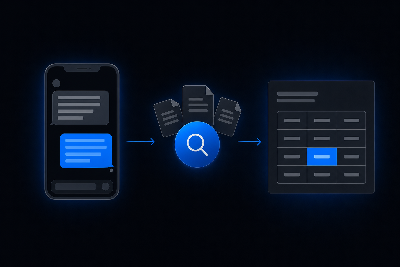 Illustration sombre d'un workflow en trois étapes : un téléphone avec des bulles de chat, un nœud loupe bleu avec des icônes de documents derrière, et une fiche de rapport avec un tableau et une cellule surlignée