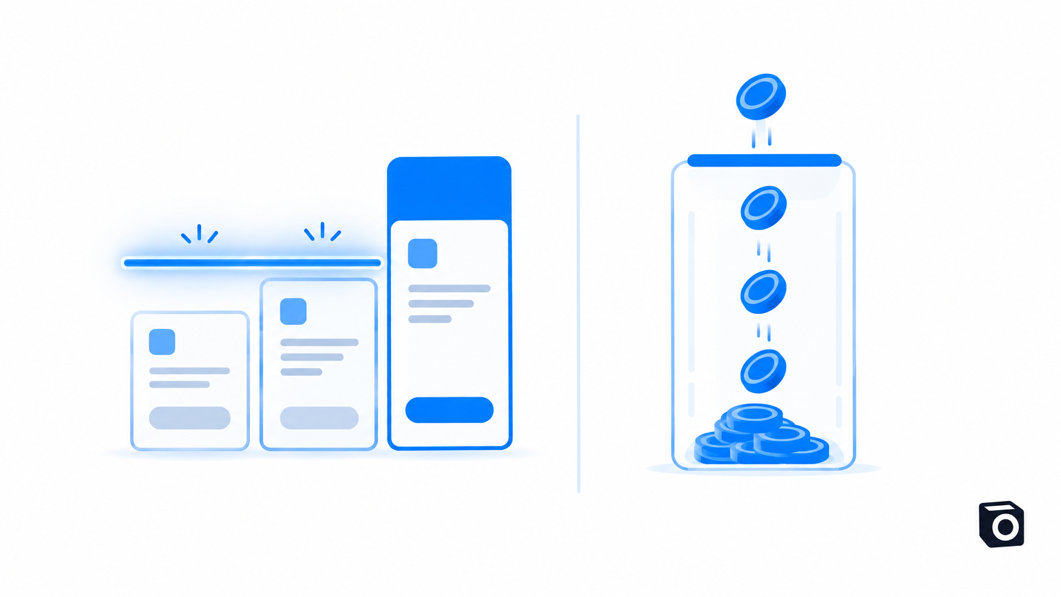 Subscription tiers with a rate-limit ceiling on one side, coins ticking one task at a time on the other