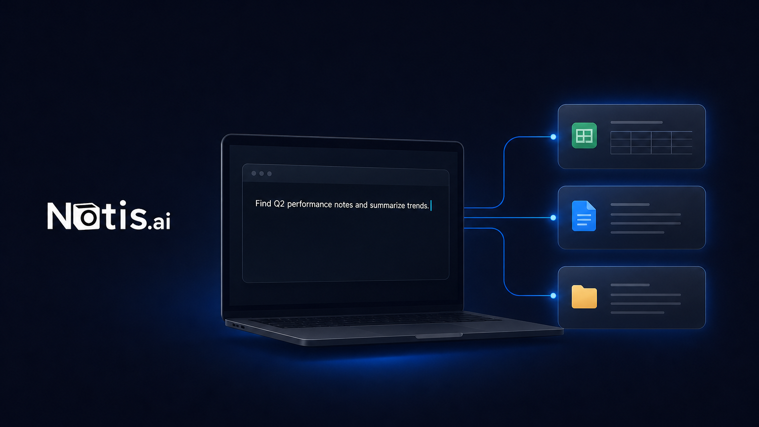 Notis wordmark beside a laptop on a dark background, its screen showing the plain-English instruction 'Find Q2 performance notes and summarize trends' linked to a spreadsheet, a document and a folder