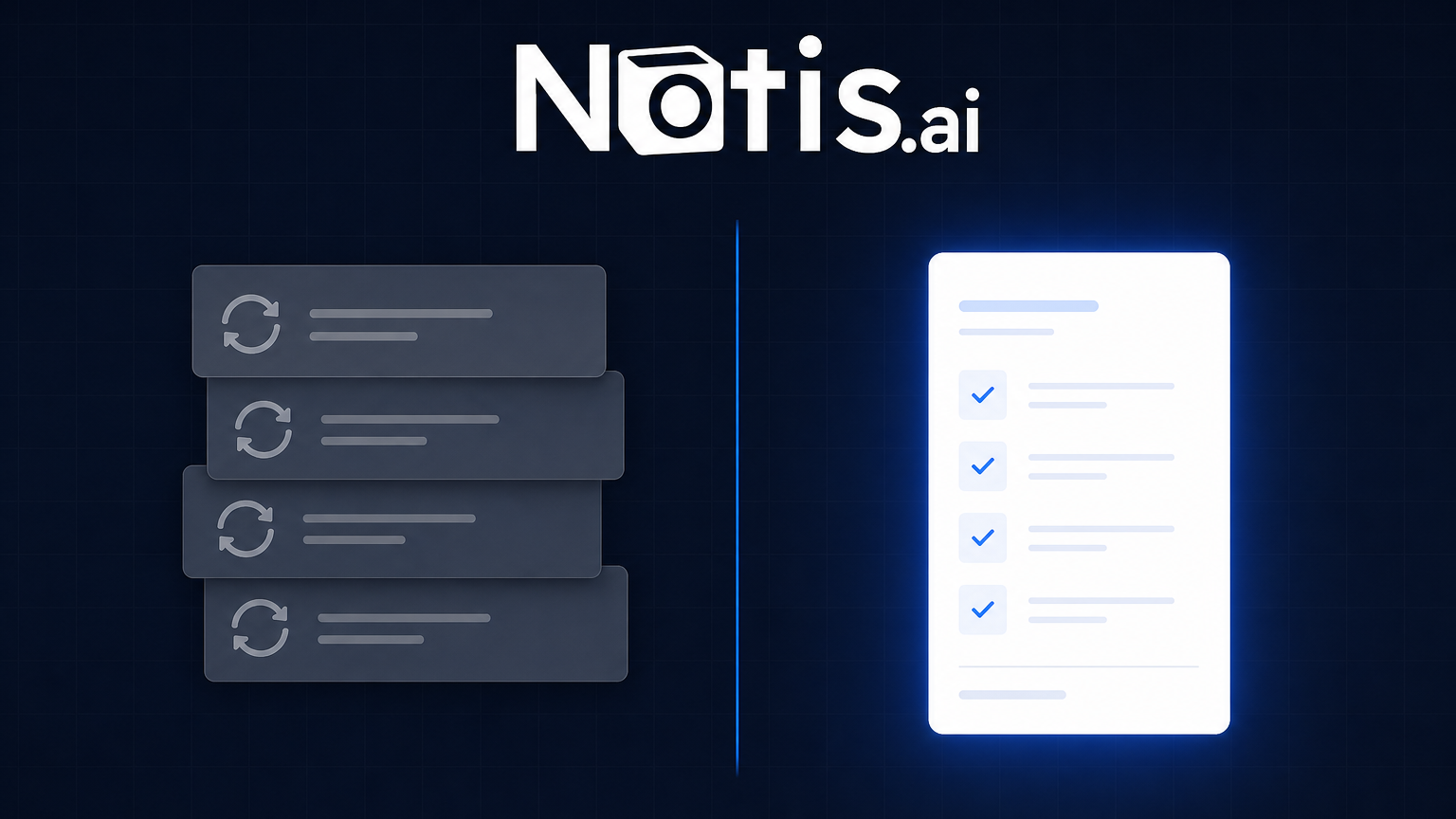 Dark navy split composition with the Notis.ai wordmark above: four dimmed grey subscription cards marked with recurring-cycle arrows on the left, and one glowing white itemised receipt with blue checkmarks on the right.