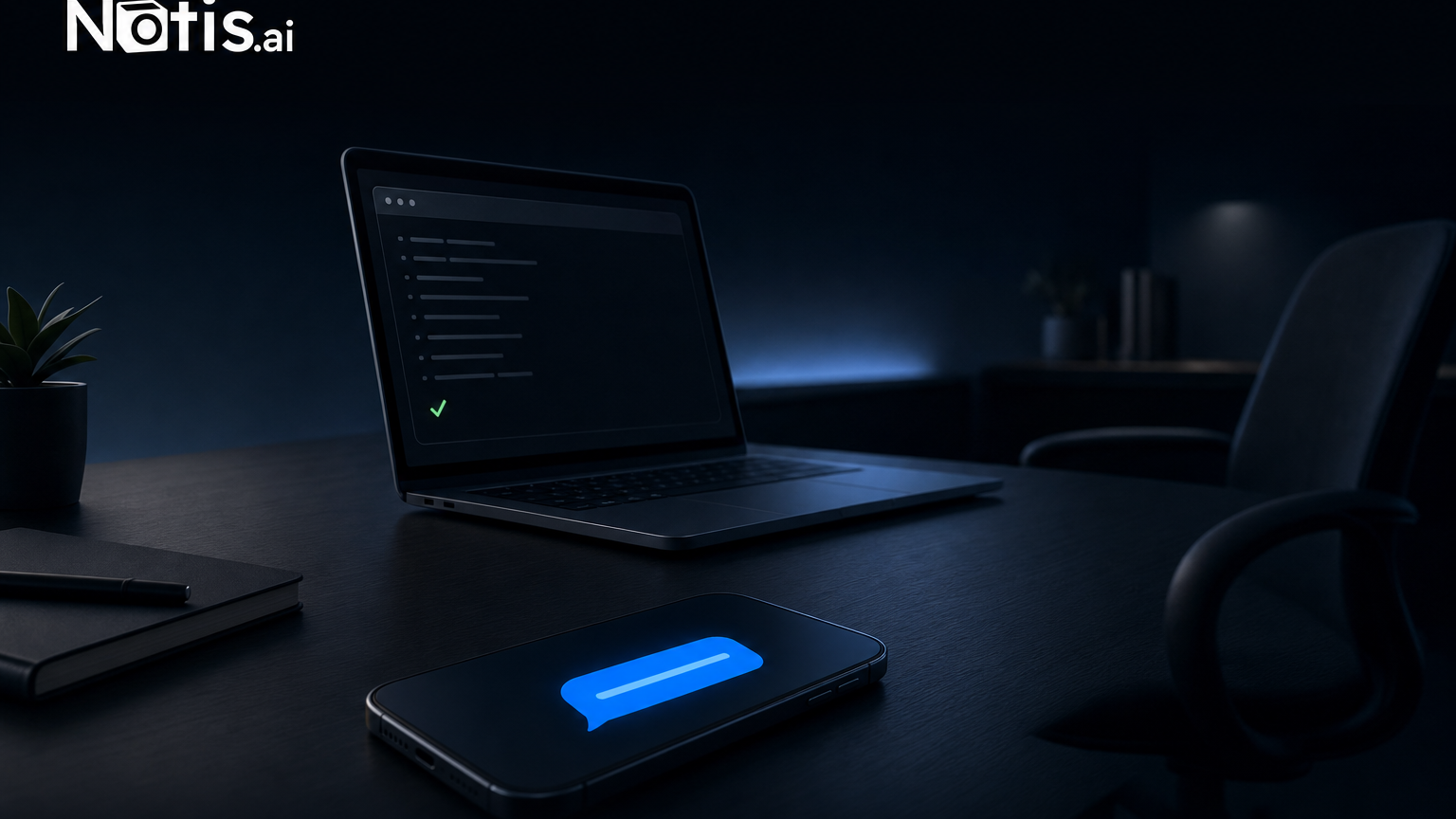 An empty desk at night: a laptop showing a finished terminal run with a green checkmark, and a phone on the desk glowing with a single blue chat notification