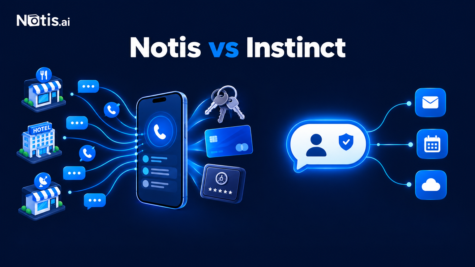 Notis vs Instinct: a phone agent holding keys, a card and a password vault calling businesses, beside a scoped chat assistant connected to a few apps