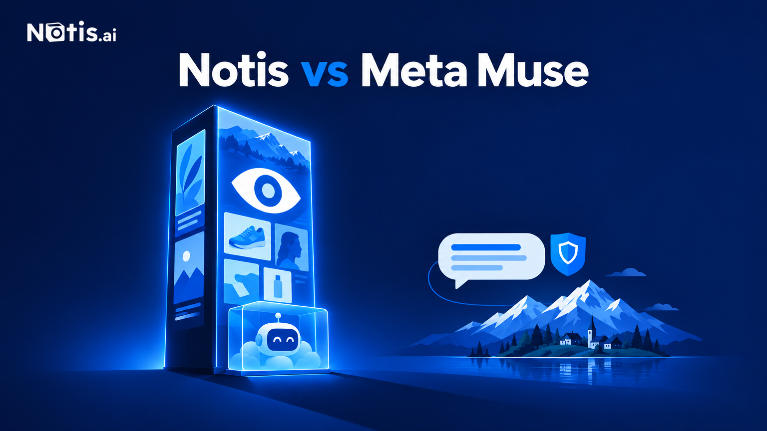 Notis vs Meta Muse: a glowing ad monolith with an eye and a small agent in a glass box, beside a calm chat bubble and an alpine village