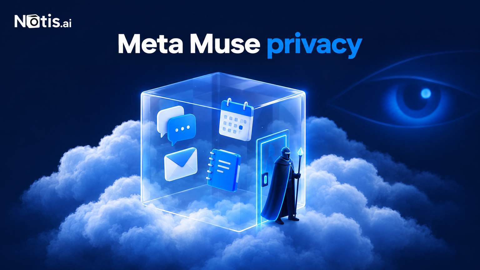 A translucent cloud VM cube holding chats, mail, a calendar and a notebook, guarded by a sentinel while a large eye watches from afar